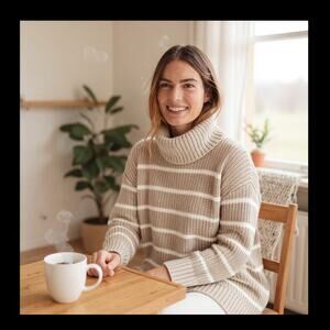 HAVEN Well Within Chunky Cowl Longline Sweater Beige Stripe Cotton Womens XL